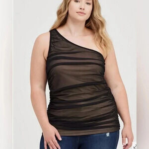 NWT Torrid Ruched Mesh One Shoulder Contrast Lining Top- Black 00 NWT